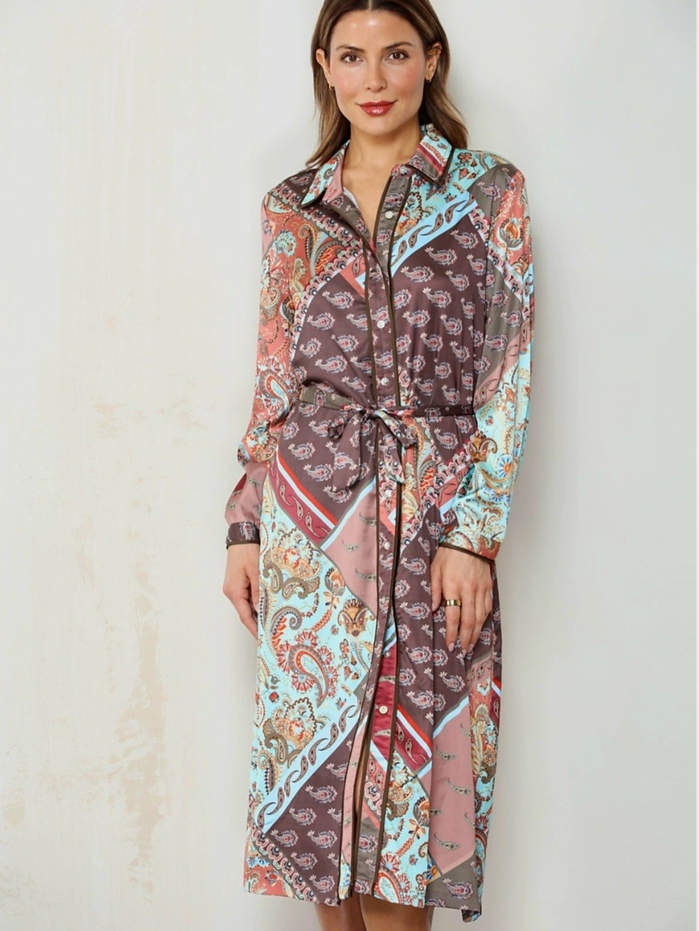 Satin Patchwork Print Button-Front Shirt Dress - Paparazzi By BIZ - M